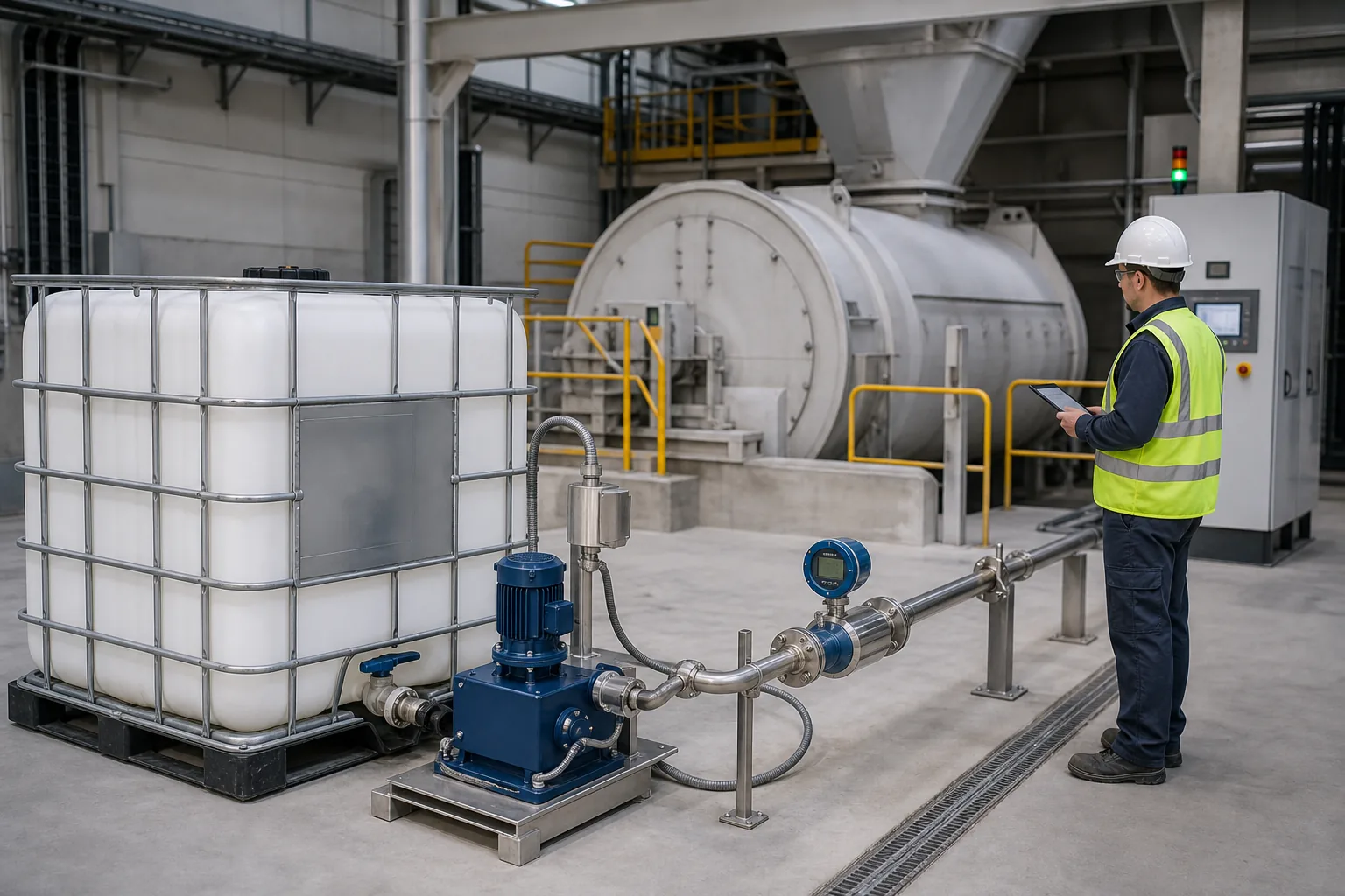 AI illustration of a closed IBC, metering pump and controlled liquid grinding-aid dosing line
