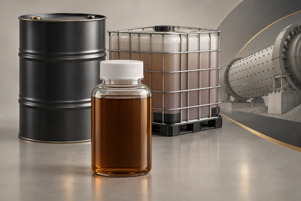 Brown liquid grinding aid with illustrative drum and IBC packaging
